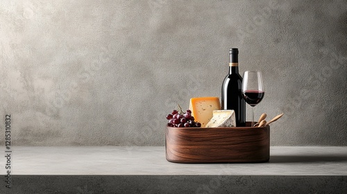 Obraz na płótnie Elegant wine and cheese hamper on stylish townhouse steps, ideal for upscale living and gourmet indulgence. w salonie