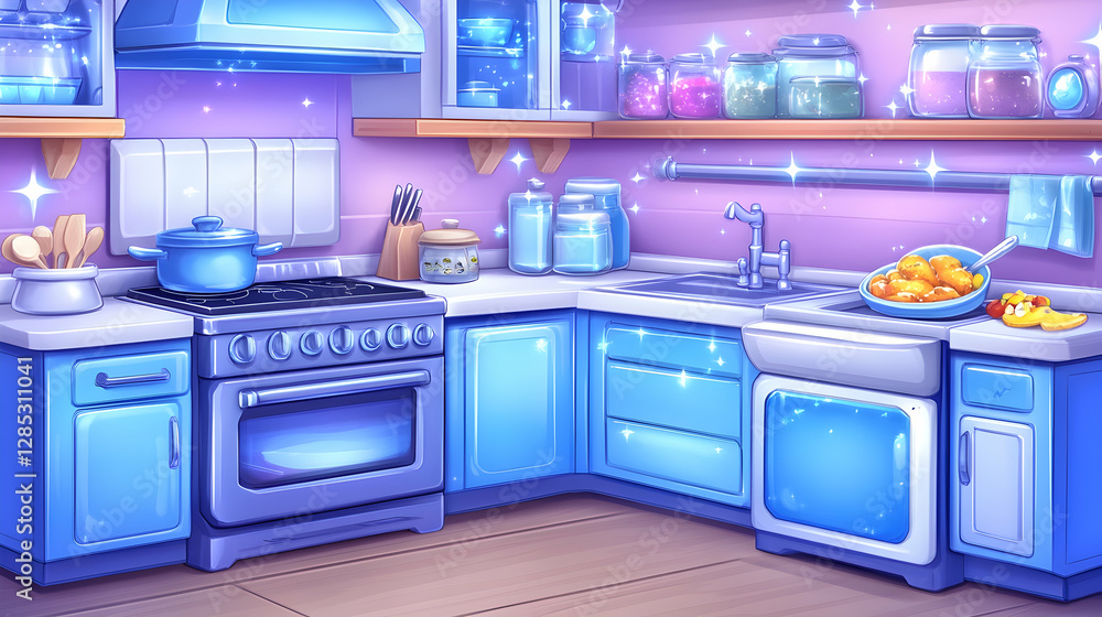 Sparkling clean kitchen; breakfast prep; game background Sparkling clean kitchen; breakfast prep; game background