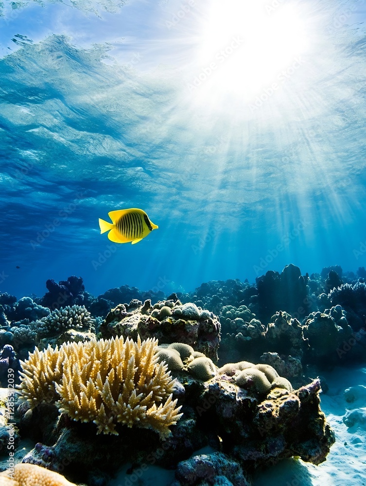 Naklejka premium Vibrant underwater scene featuring a tropical fish swimming over colorful coral reefs illuminated by sunlight : Generative AI
