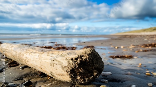 Driftwood Log On The Shoreline At The Beach Under A Bright Blue Sky With Fluffy Clouds : Generative AI photo