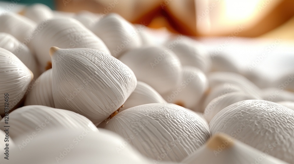Obraz premium Close-up of a pile of textured white garlic bulbs on a soft surface with a warm background