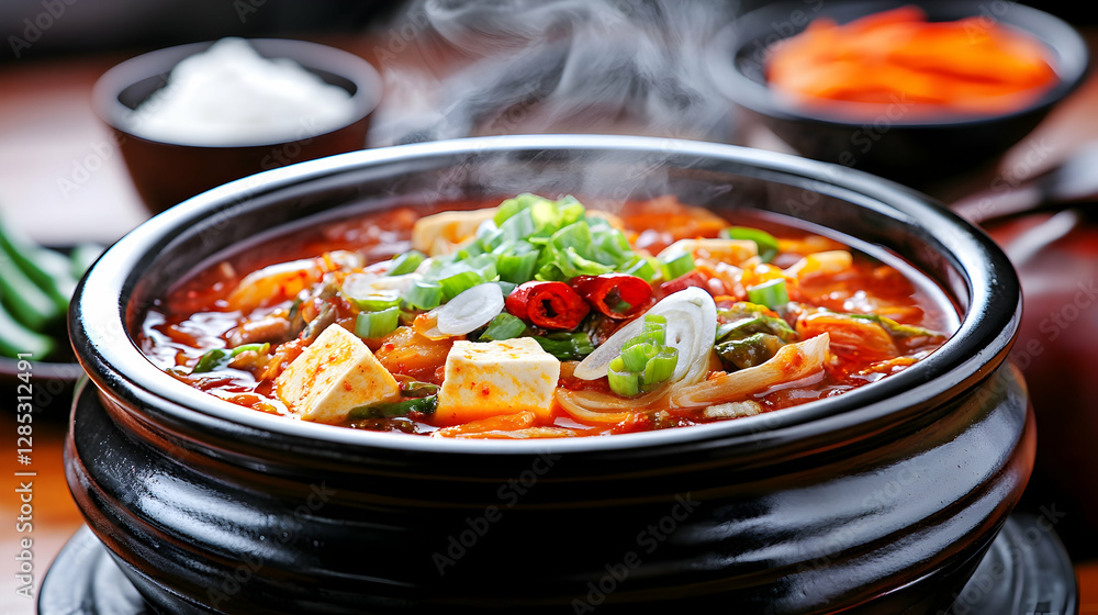 Steaming Kimchi Stew, Korean Cuisine, Table Setting Steaming Kimchi Stew, Korean Cuisine, Table Setting