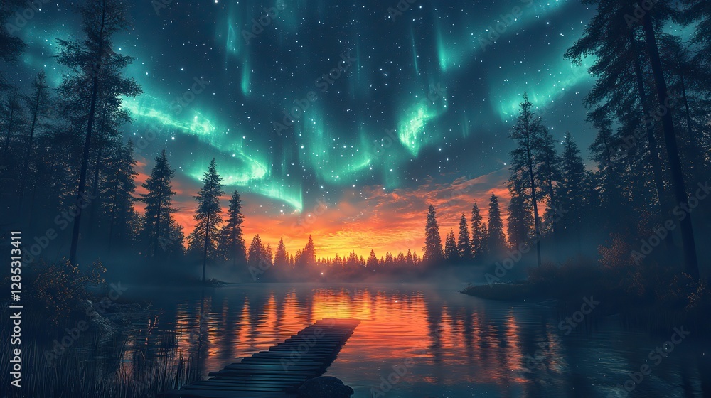 Fototapeta premium A magical forest at night with a sky full of shooting stars and the aurora borealis reflected in a lake, creating a breathtaking and awe-inspiring scene