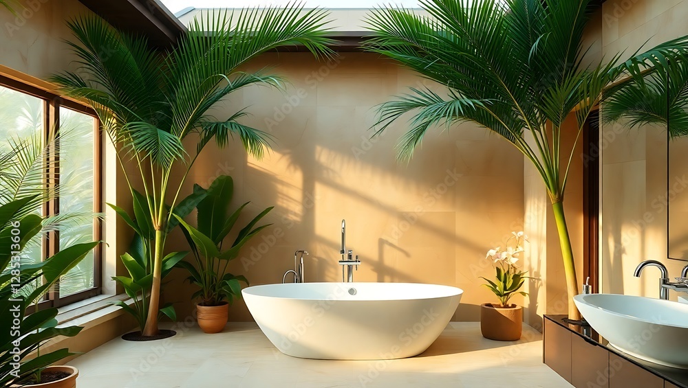 Fototapeta premium Luxurious Tropical Bathroom Oasis with Palm Trees – Bali-Inspired Interior Design