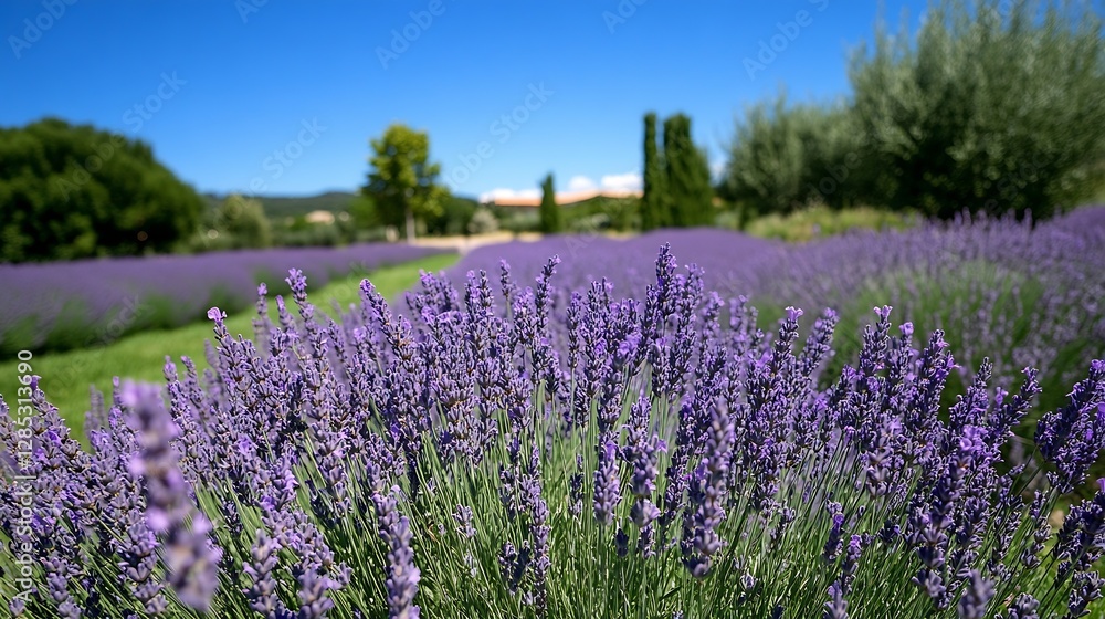Vibrant Field of Lavender Blossoms under a Bright Blue Sky in Full Bloom : Generative AI Vibrant Field of Lavender Blossoms under a Bright Blue Sky in Full Bloom : Generative AI