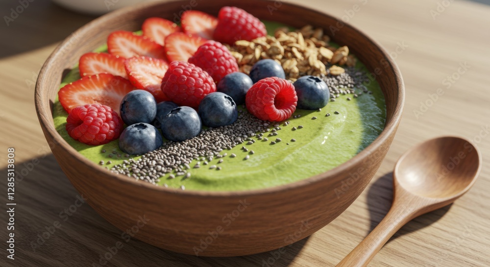 Green Smoothie Bowl with Fresh Berries and Granola for Healthy Breakfast Green Smoothie Bowl with Fresh Berries and Granola for Healthy Breakfast