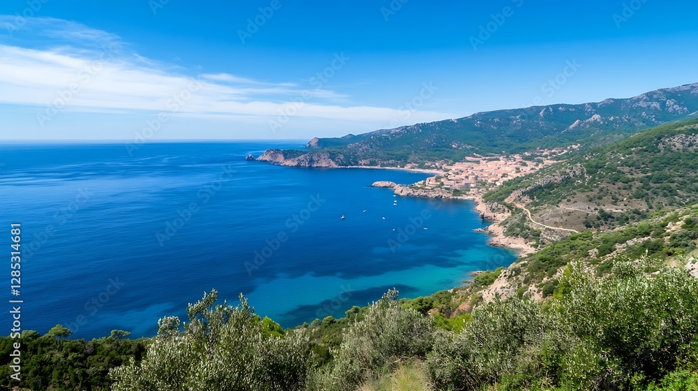 Breathtaking Coastal View Overlooking a Serene Blue Ocean and Green Hills : Generative AI Breathtaking Coastal View Overlooking a Serene Blue Ocean and Green Hills : Generative AI