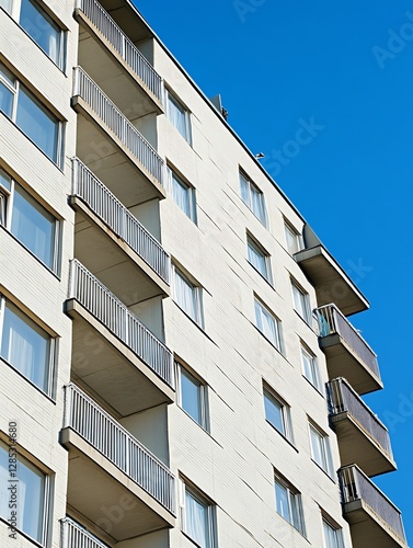 Modern Apartment Building Facade with Balconies and Blue Cloudy Sky : Generative AI photo