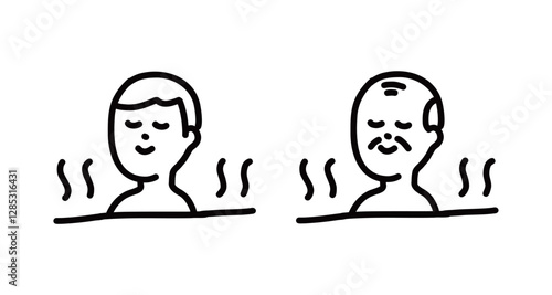 お風呂に入ってリラックスするおじいさんと男性の手書きベクターイラスト