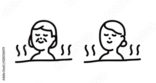 お風呂に入ってリラックスするおばあさんと女性の手書きベクターイラスト