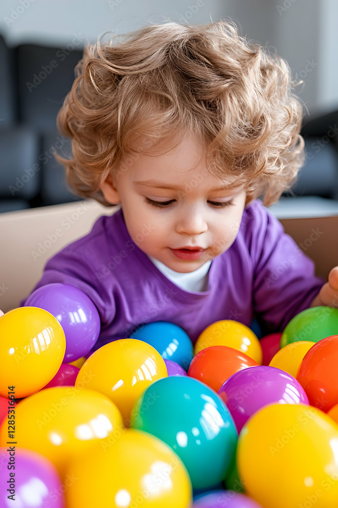 Toddler playing with colorful eggs in a box at home Toddler playing with colorful eggs in a box at home