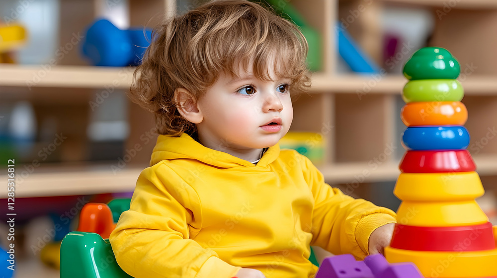 Toddler plays with stacking toy in daycare Toddler plays with stacking toy in daycare