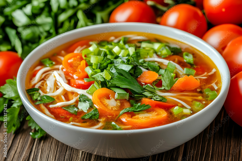 Tomato noodle soup, herbs, wooden table. Food photography for recipe blogs Tomato noodle soup, herbs, wooden table. Food photography for recipe blogs