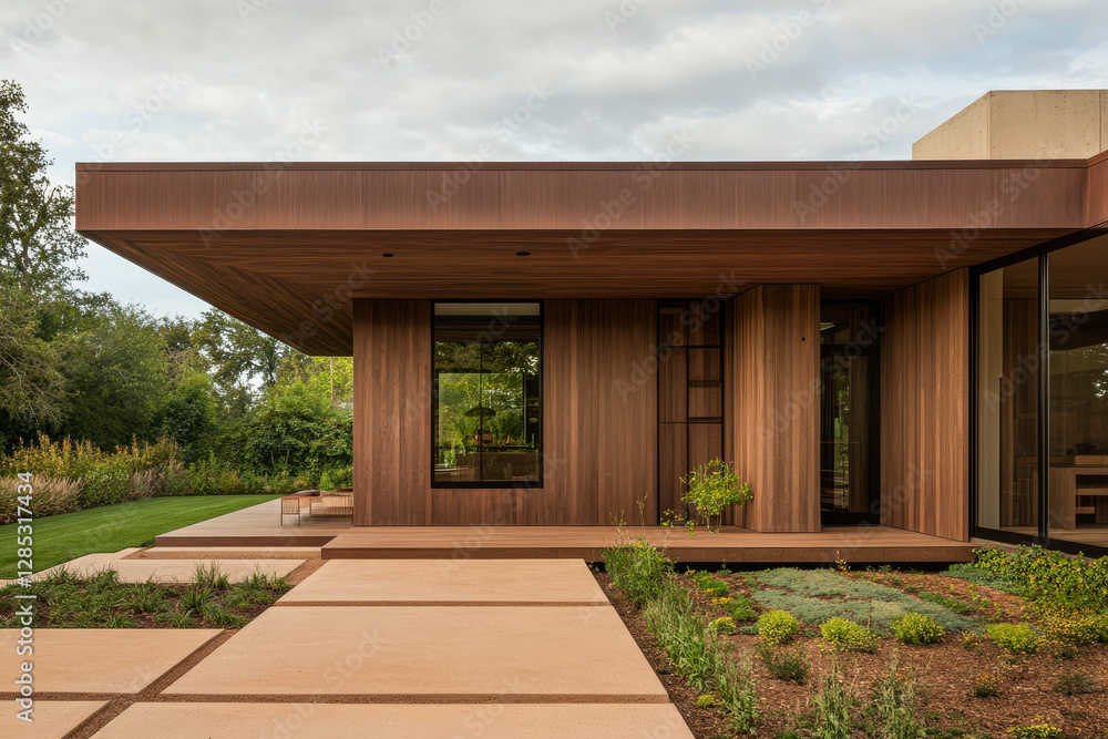 Modern architectural design showcases natural materials in a serene outdoor setting Modern architectural design showcases natural materials in a serene outdoor setting