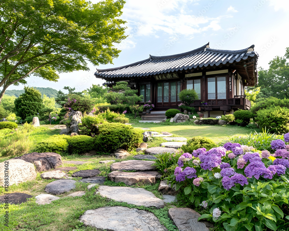 Tranquil Korean house garden, stone path, hydrangeas Tranquil Korean house garden, stone path, hydrangeas
