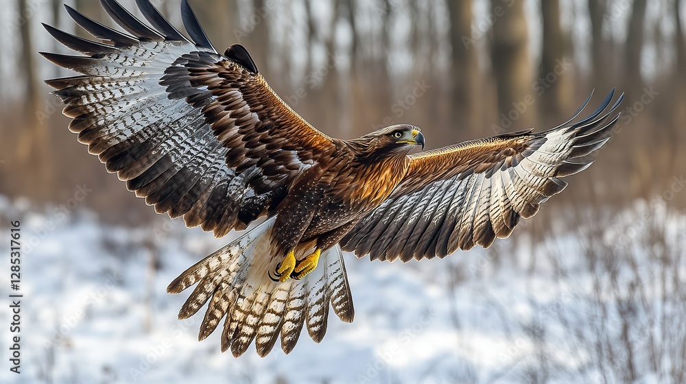 Obraz premium A majestic golden eagle soaring over snowy mountains, its wings catching the sunlight