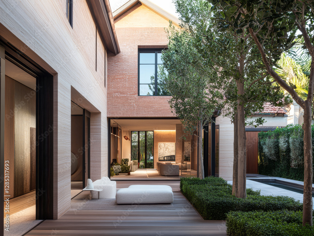 Contemporary home design showcasing open courtyard with greenery and natural light Contemporary home design showcasing open courtyard with greenery and natural light