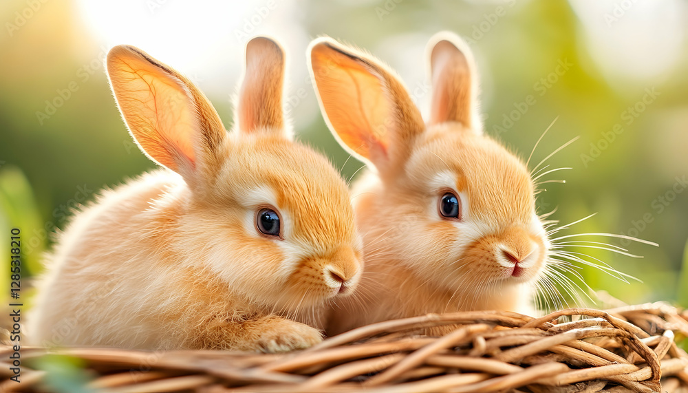 Fototapeta premium Two bunnies in a nest, spring meadow background, Easter card