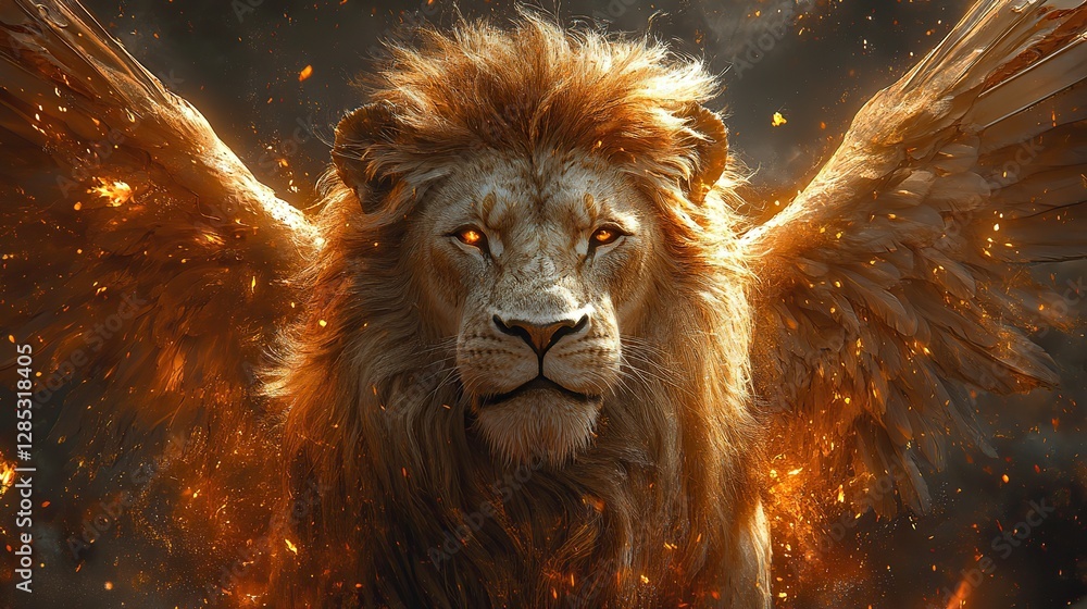 Naklejka premium A majestic lion with wings symbolizing power and divinity stands against a cosmic backdrop