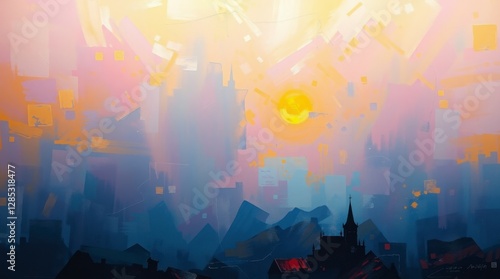 Night light pierces the cloudy urban landscape, creating an abstract city view under the moonlit sky