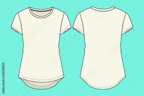  Ladies round neck with curve hem t-shirt mockup template technical flat sketch.