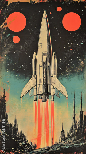 Retro sci-fi poster 1950s spaceship launch futuristic space travel intergalactic adventure classic pulp fiction vintage aesthetic cosmic exploration planetary mission,wallpaper,print,story,book,art