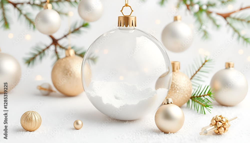 Fototapeta premium Elegant Winter Holiday 3D Render with Baubles on White Background