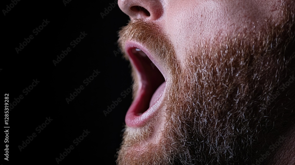 Fototapeta premium Man's open mouth, profile view, dark background, shouting