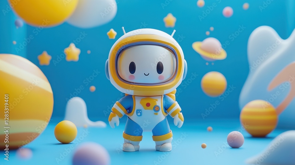A cute astronaut character in a colorful space-themed environment with planets and stars. A cute astronaut character in a colorful space-themed environment with planets and stars.