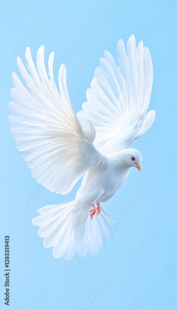 Fototapeta premium White dove in flight, peaceful sky, hope symbol