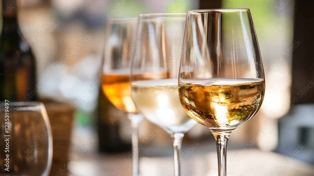 Elegant wine glasses filled with various wines reflecting soft light in a cozy setting : Generative AI Elegant wine glasses filled with various wines reflecting soft light in a cozy setting : Generative AI