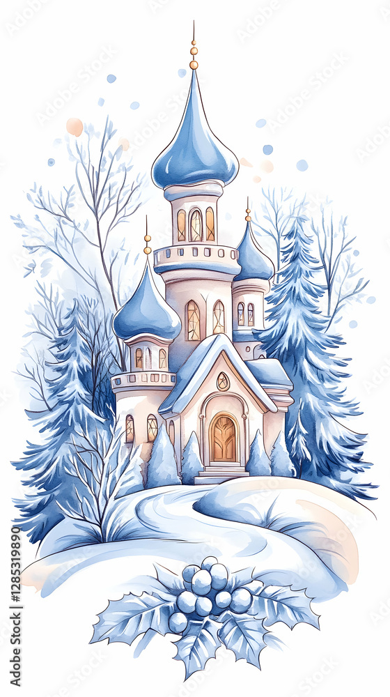 Fototapeta premium Winter fairytale castle snowy landscape holiday card