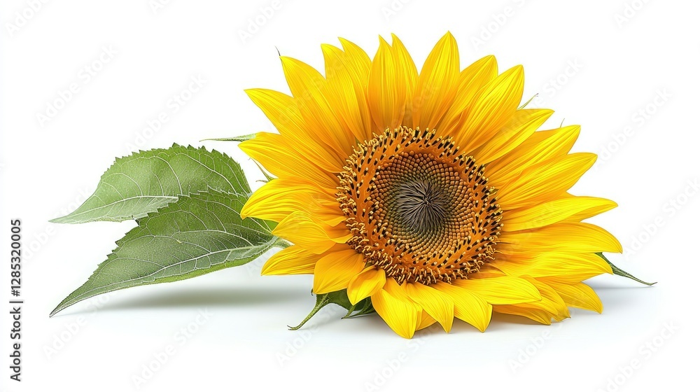 Fototapeta premium A single sunflower with leaves rests on a white background