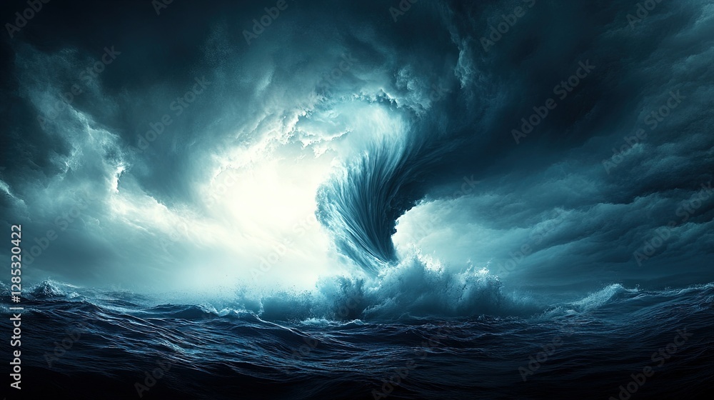 Fototapeta premium Turbulent Sea Fury, a dramatic water spout emerges amidst stormy skies, showcasing nature's chaos and raw power.