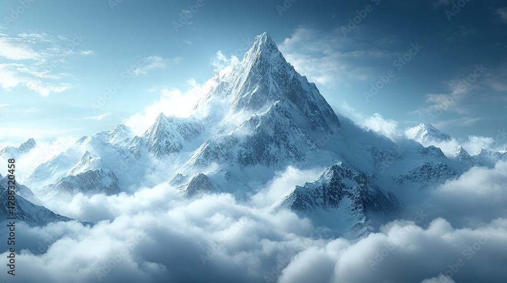 A majestic mountain peak emerging from soft clouds, symbolizing achievement and tranquility A majestic mountain peak emerging from soft clouds, symbolizing achievement and tranquility