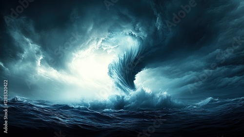 Turbulent Sea Fury, a dramatic water spout emerges amidst stormy skies, showcasing nature's chaos and raw power.
