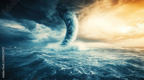 Turbulent Sea with Water Spout, dramatic stormy skies, chaotic waves, powerful natural phenomenon, captivating display of nature's fury