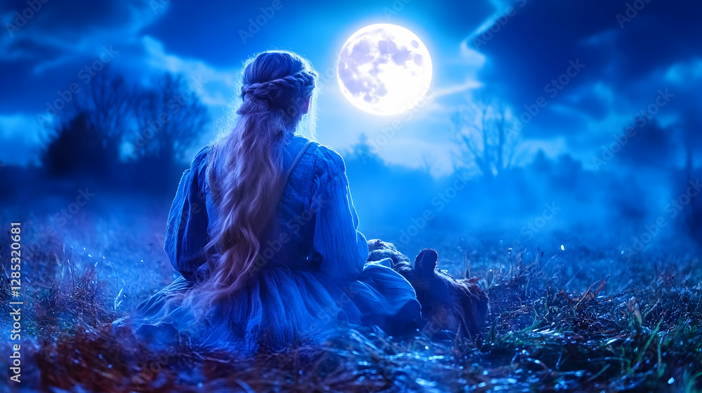 Fototapeta premium Woman gazing at full moon, night field, fantasy