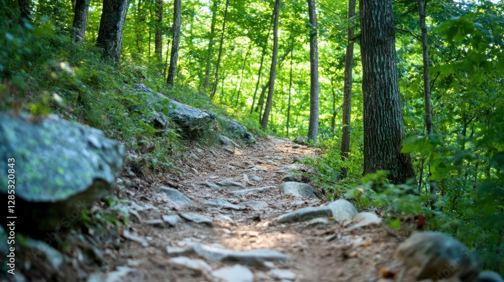 Fototapeta premium Scenic Hiking Trail Surrounded by Lush Green Forest and Sunlit Trees in Nature Landscape