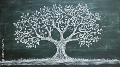 A handdrawn family tree on a classroom chalkboard, with branches representing multiple generations, a symbol of heritage and continuity