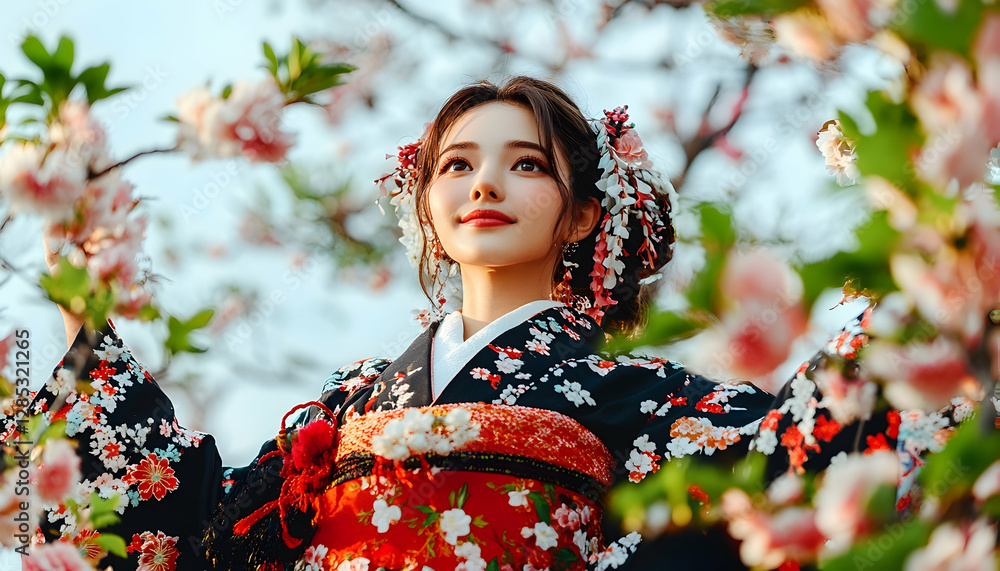 Woman in kimono amidst cherry blossoms Woman in kimono amidst cherry blossoms