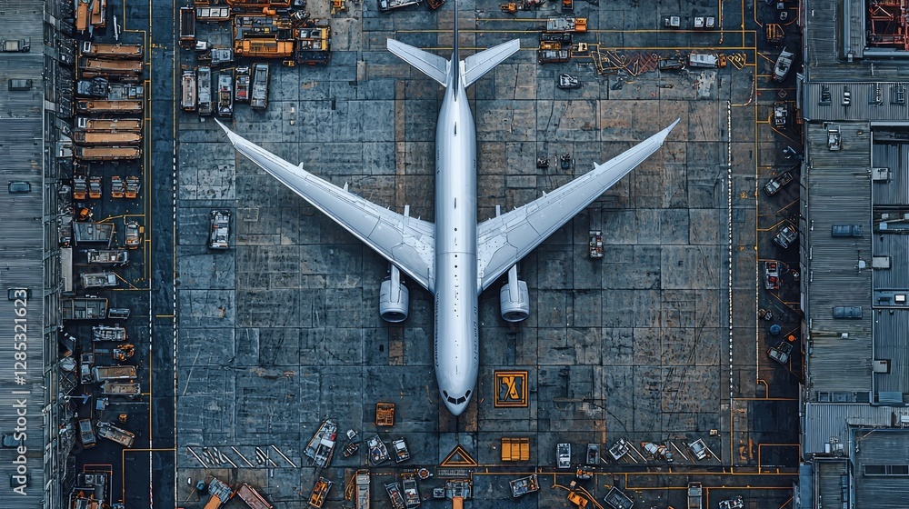 Airplane Parked On Airport Tarmac Surrounded By Ground Support Equipment Airplane Parked On Airport Tarmac Surrounded By Ground Support Equipment
