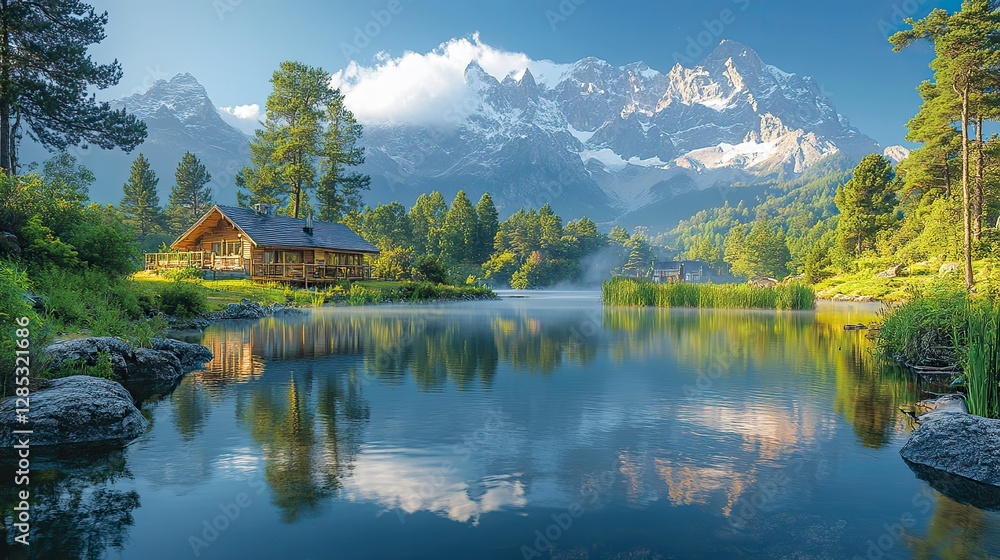 Naklejka premium A majestic mountain range with a lush green forest and a tranquil lake reflecting the sky