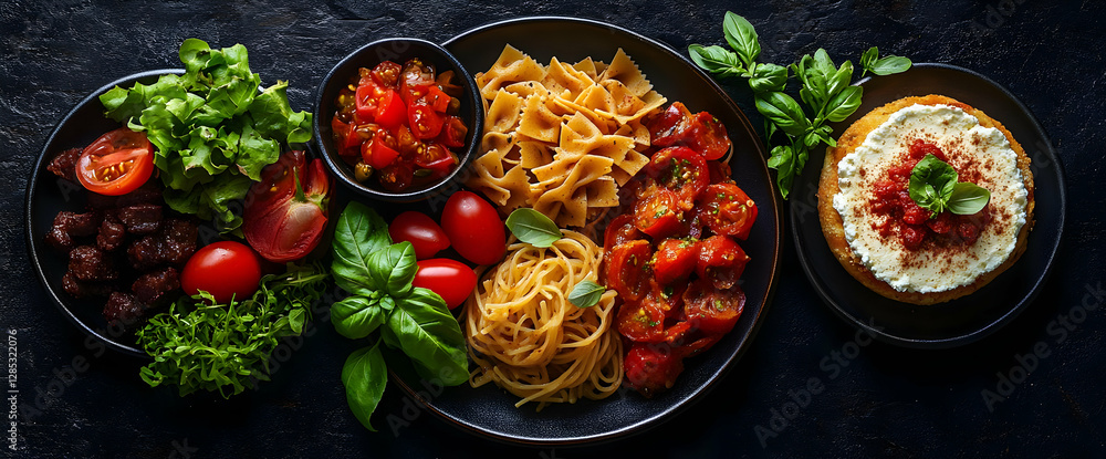 Colorful Pasta Dish With Salad and Tomato Sauce Colorful Pasta Dish With Salad and Tomato Sauce