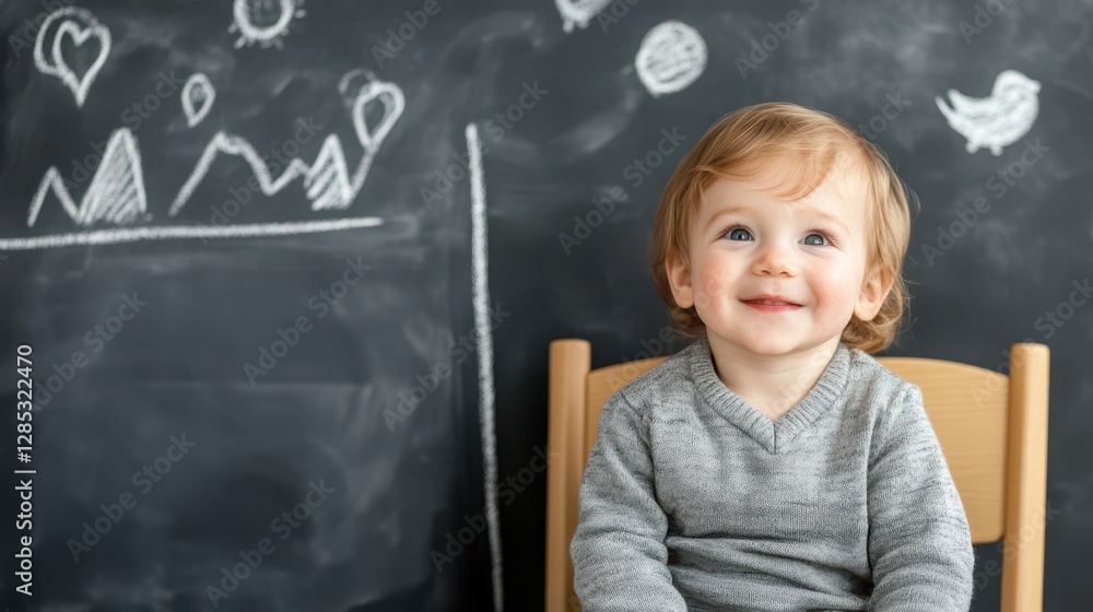 Joyful toddler against chalkboard backdrop: A cheerful toddler with a radiant smile, seated in front of a chalkboard adorned with whimsical drawings. Joyful toddler against chalkboard backdrop: A cheerful toddler with a radiant smile, seated in front of a chalkboard adorned with whimsical drawings.
