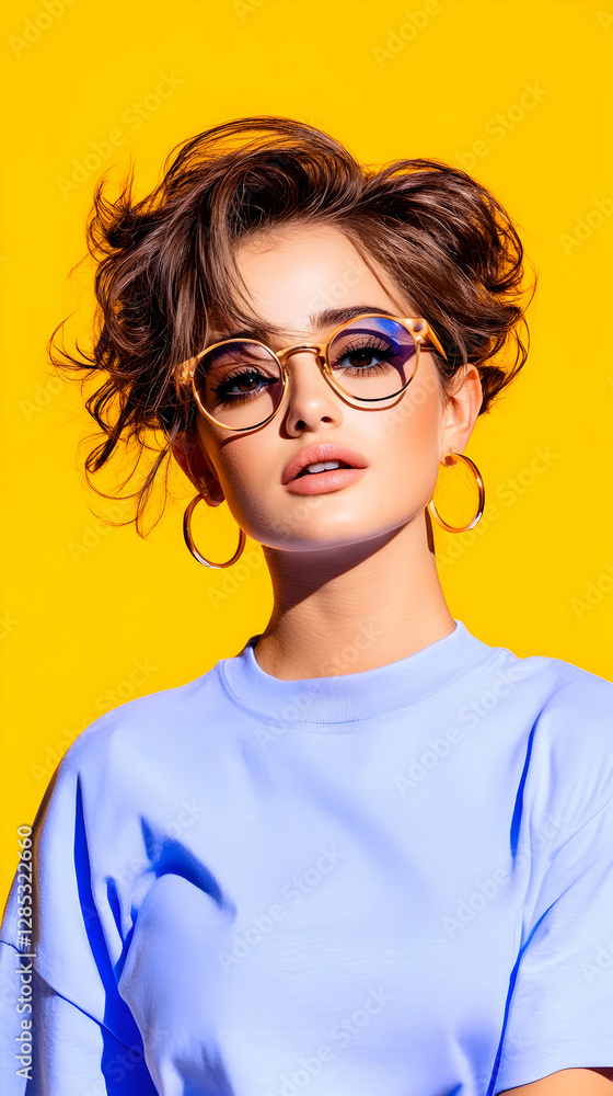 Woman, stylish glasses, yellow background, fashion portrait, website banner Woman, stylish glasses, yellow background, fashion portrait, website banner