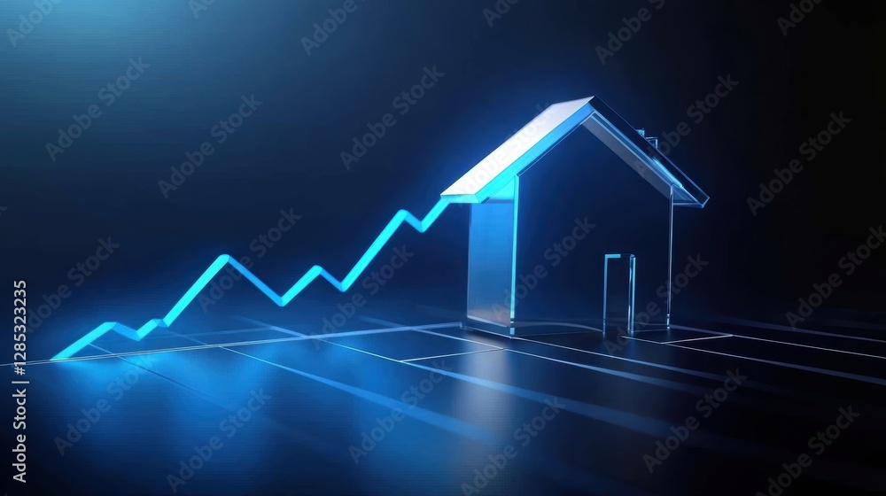 Fototapeta premium Glowing House Model with Increasing Graph Line Representing Real Estate Market Growth and Development