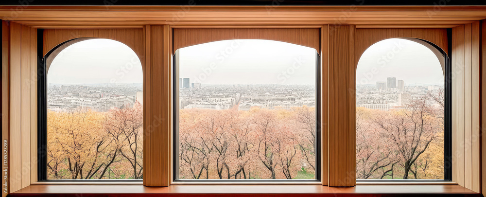 Fototapeta premium Beautiful autumn view of Paris from a large window overlooking city skyline