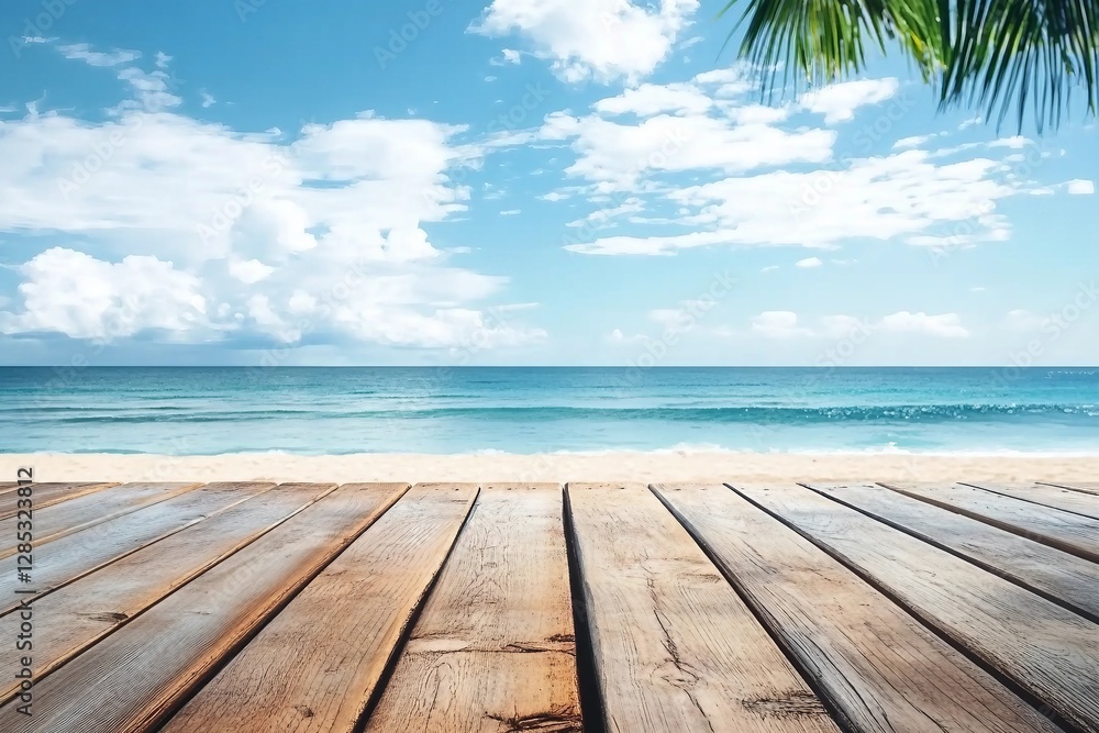 Fototapeta premium old wood table top on blurred beach background with coconut leaf. relax in holiday. summer