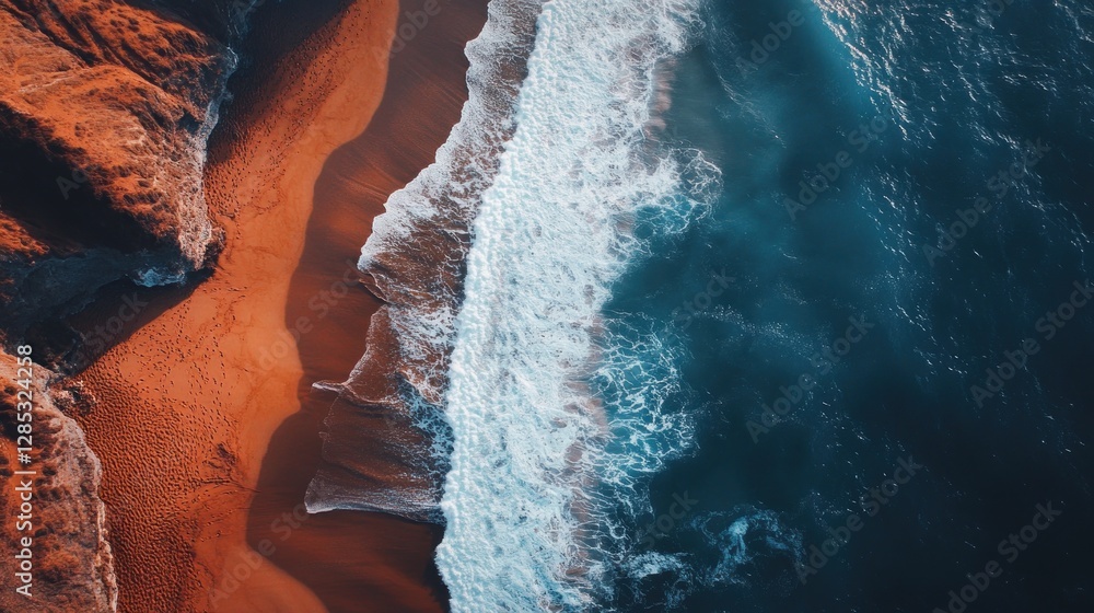 Aerial View of Serene Beach Waves Crashing at Sunset on Coastal Shore Aerial View of Serene Beach Waves Crashing at Sunset on Coastal Shore